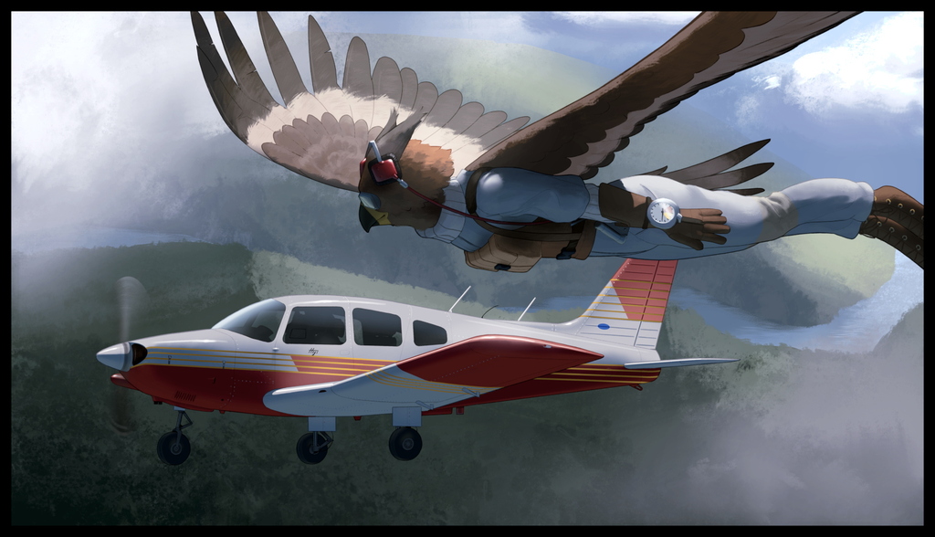 Digital painting of a fairly close view of a gryphon flying in formation with a small aircraft over a green landscape of rolling hills. The gryphon is a northern lynx/golden eagle mix, wearing a flight suit, goggles, radio headset, and other accoutrements required for safe flight. The aircraft is a red and white Piper PA-28 Archer, a single-engine four-seat general aviation workhorse.