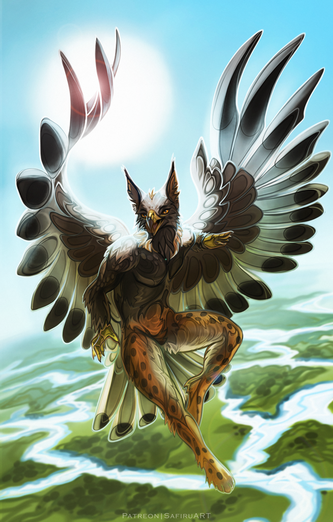 Digital painting of an anthropomorphic golden eagle/northern lynx gryphon in flight over a lush green landscape criss-crossed by rivers. His large wings are spread upwards, and the sun is behind one of them, illuminating him from behind. He is not wearing anything but fur and feathers (which is unusual, since he usually wears a flight suit, goggles, a VHF radio headset, and an SSR transponder, to comply with aviation rules). He looks like he's standing stationary in mid-air, striking a dynamic pose for the camera.

Commissioned from @Safiru@meow.social