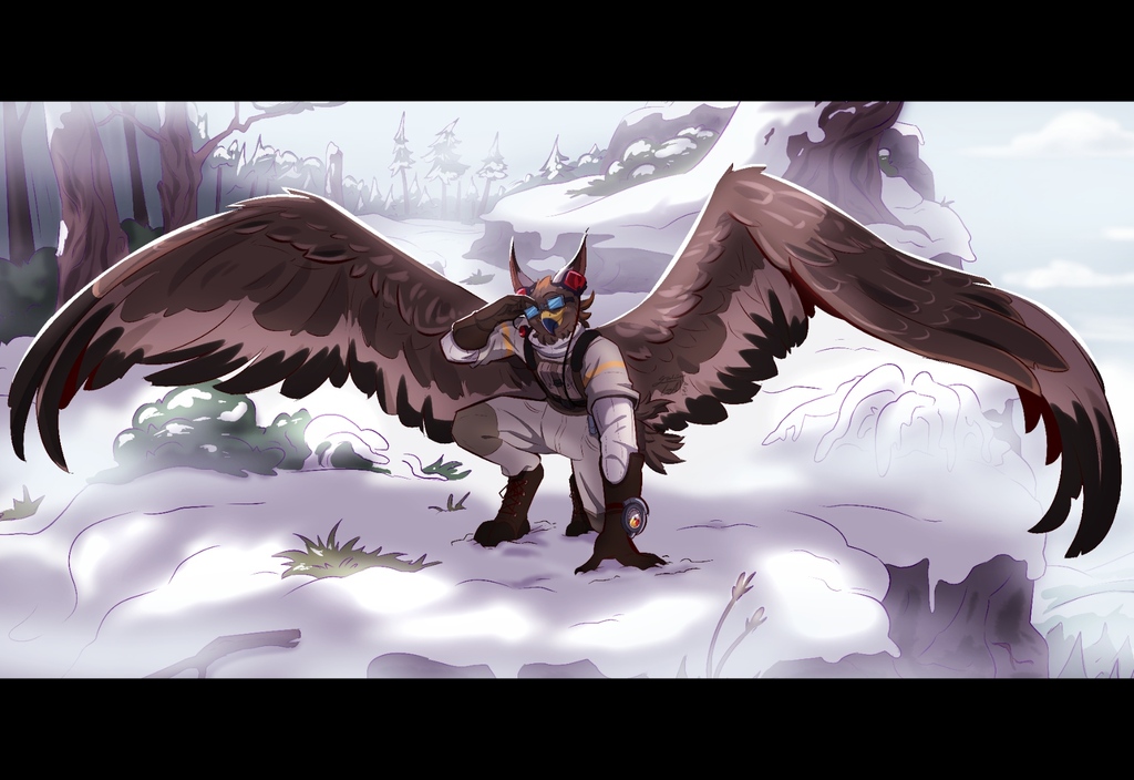 Digital painting of an anthro gryphon crouched on a snowy mountain, ready for takeoff. He is wearing a flight suit with a radio headset, an altimeter on the back of his hand, and flight goggles, which he is in the process of adjusting.

Commissioned from @galinn.bsky.social@bsky.brid.gy