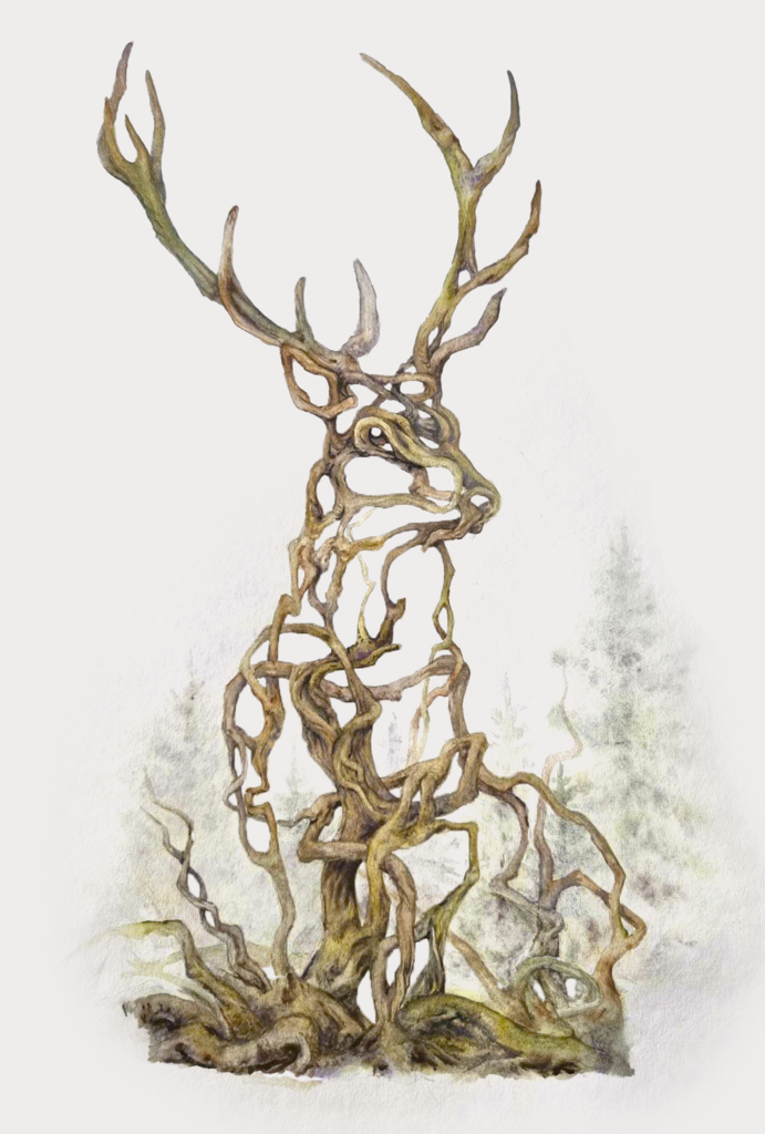 Watercolour painting of a sparse collection of tree roots in the shape of the outline of a stag with large antlers, looking around alertly.