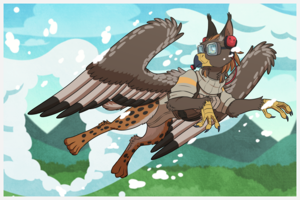 Digital drawing of a male quadrupedal northern lynx/golden eagle gryphon in flight. He is wearing a flight suit, goggles and a headset. He has just flown through a small cloud, leaving behind a large hole, with small tufts of cloud spreading away. He is looking back with a light smile.

Commissioned from https://www.deviantart.com/inuhoshi-to-darkpen