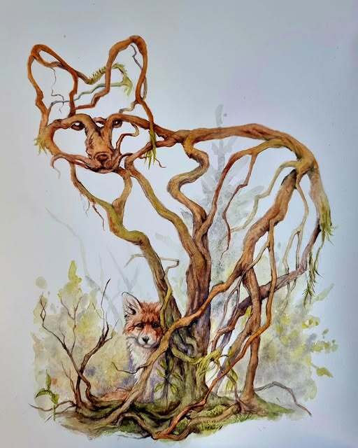 Watercolour painting of a sparse collection of tree roots in the shape of the outline of a red fox, turning its head to look at the viewer. At the base, peeking out from behind the roots in the same pose, is an actual red fox.